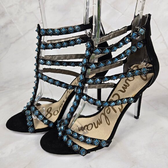 Sam Edelman Sz 8M Alina Black Turquoise Strappy Leather High Heels Zip Back NWOT - Picture 3 of 16